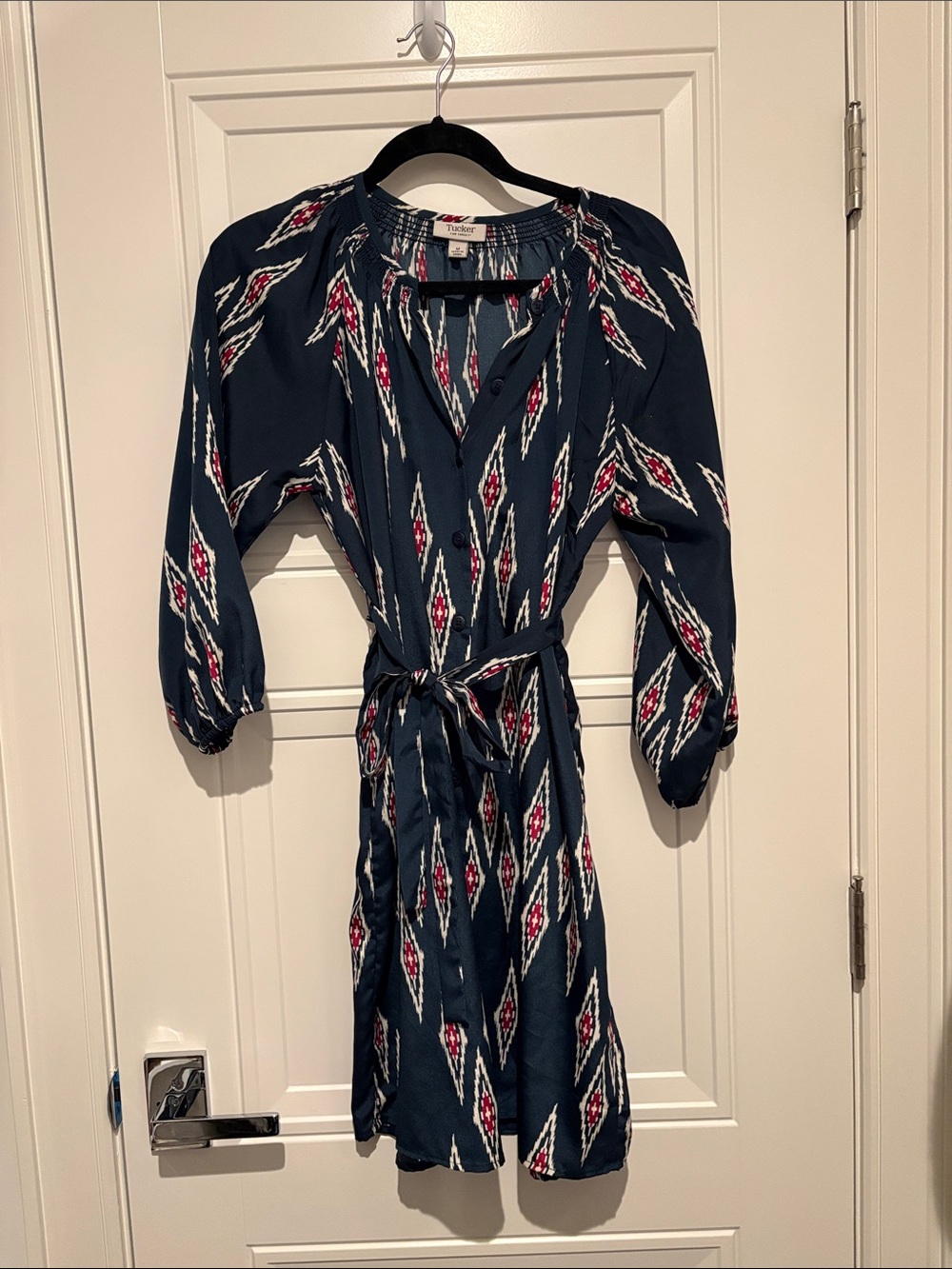 Tucker Navy Ikat Belted Long-Sleeve Dress with Red Accents
